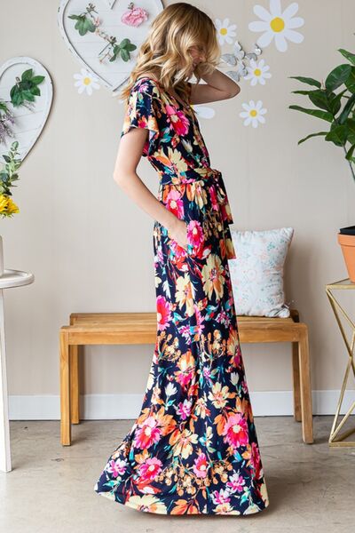 Load image into Gallery viewer, Heimish Full Size Floral Surplice Tie Waist Maxi Dress
