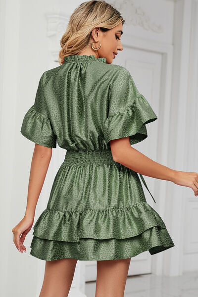 Load image into Gallery viewer, Smocked Tie Neck Flounce Sleeve Dress
