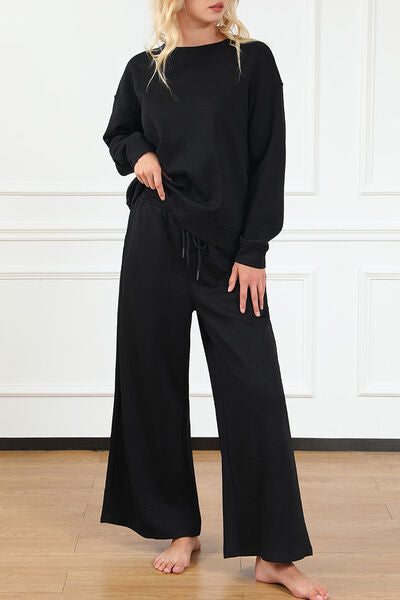 Load image into Gallery viewer, Double Take Full Size Textured Long Sleeve Top and Drawstring Pants Set
