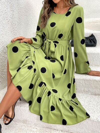 Load image into Gallery viewer, Tied Polka Dot Round Neck Ruffle Hem Dress
