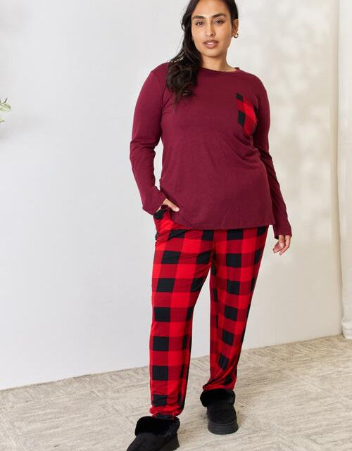 Load image into Gallery viewer, Zenana Full Size Plaid Round Neck Top and Pants Pajama Set
