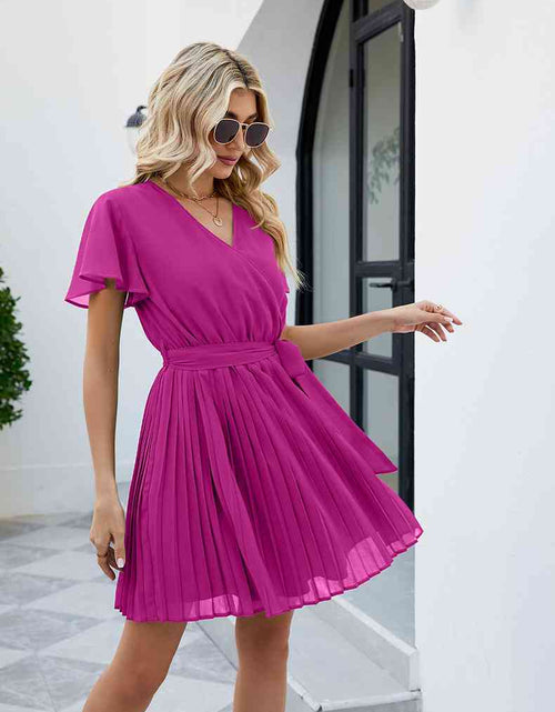 Load image into Gallery viewer, Surplice Neck Tie Waist Flutter Sleeve Pleated Dress
