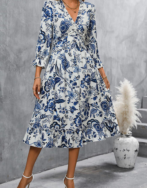 Load image into Gallery viewer, Printed V-Neck Ruffle Hem Flounce Sleeve Dress
