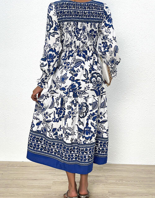 Load image into Gallery viewer, Printed Smocked Lantern Sleeve Ruffled Dress
