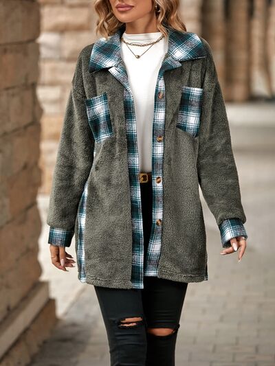 Load image into Gallery viewer, Plaid Contrast Dropped Shoulder Coat
