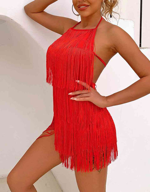 Load image into Gallery viewer, Fringed Halter Neck Tied Back Mini Dress
