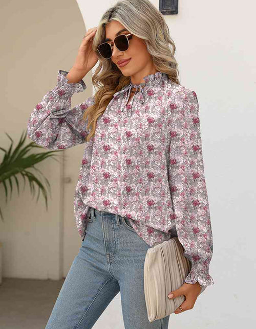 Load image into Gallery viewer, Printed Tie Neck Flounce Sleeve Blouse
