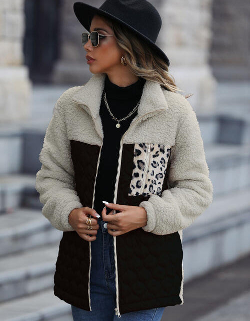 Load image into Gallery viewer, Leopard Color Block Zip-Up Jacket
