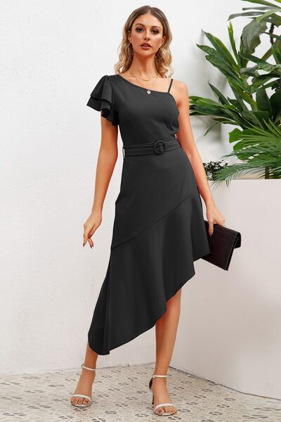 Load image into Gallery viewer, Ruffled Asymmetrical Neck Flutter Sleeve Dress
