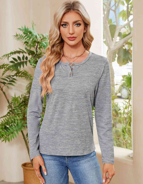 Load image into Gallery viewer, Buttoned Round Neck  Long Sleeve T-Shirt
