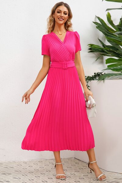 Load image into Gallery viewer, Pleated Surplice Short Sleeve Midi Dress
