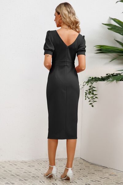 Load image into Gallery viewer, Slit Ruffled Puff Sleeve Midi Dress
