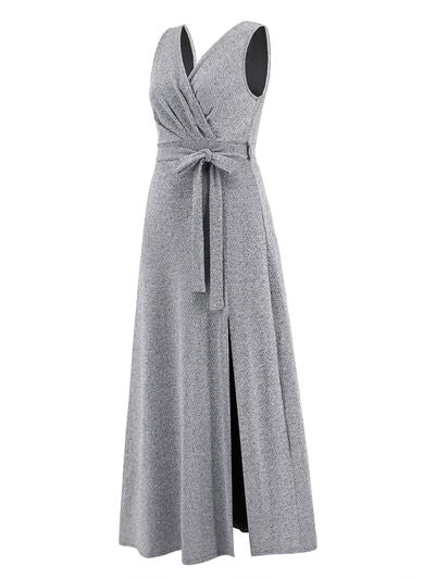 Load image into Gallery viewer, Slit Surplice Tie Waist Sleeveless Dress
