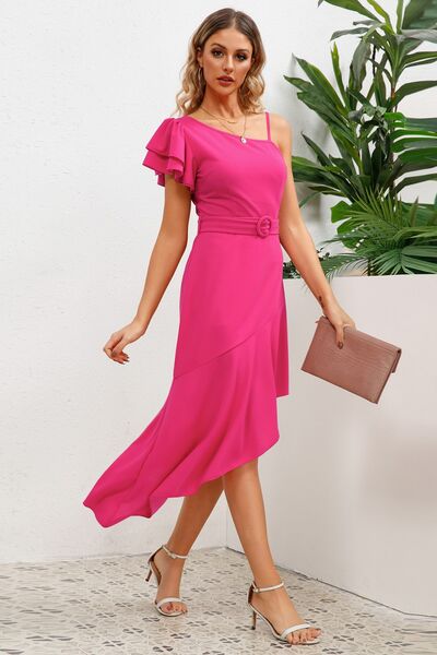 Load image into Gallery viewer, Ruffled Asymmetrical Neck Flutter Sleeve Dress
