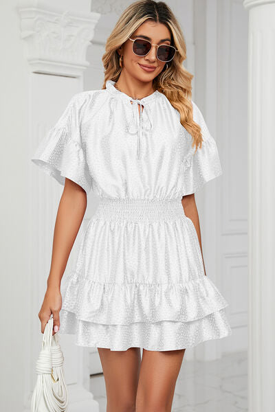 Load image into Gallery viewer, Smocked Tie Neck Flounce Sleeve Dress
