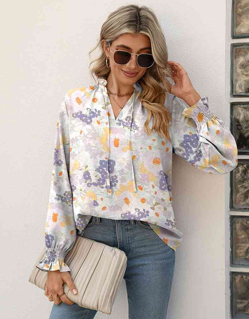 Load image into Gallery viewer, Printed Tie Neck Flounce Sleeve Blouse
