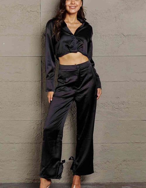 Load image into Gallery viewer, Long Sleeve Cropped Blouse and Tie Detail Long Pants Set
