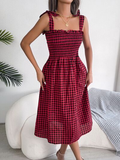 Load image into Gallery viewer, Frill Plaid Square Neck Midi Dress
