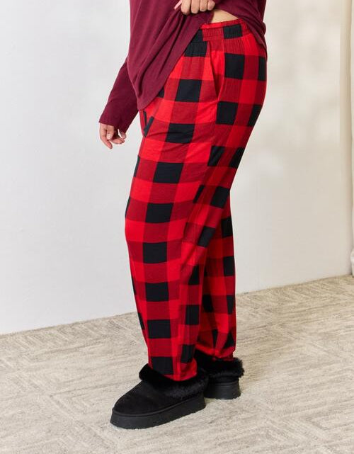 Load image into Gallery viewer, Zenana Full Size Plaid Round Neck Top and Pants Pajama Set
