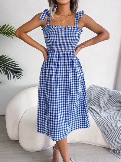 Load image into Gallery viewer, Frill Plaid Square Neck Midi Dress
