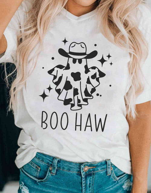 Load image into Gallery viewer, V-Neck Short Sleeve BOO HAW Ghost Graphic T-Shirt
