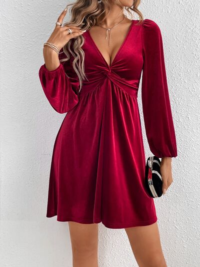 Load image into Gallery viewer, Twisted V-Neck Balloon Sleeve Mini Dress
