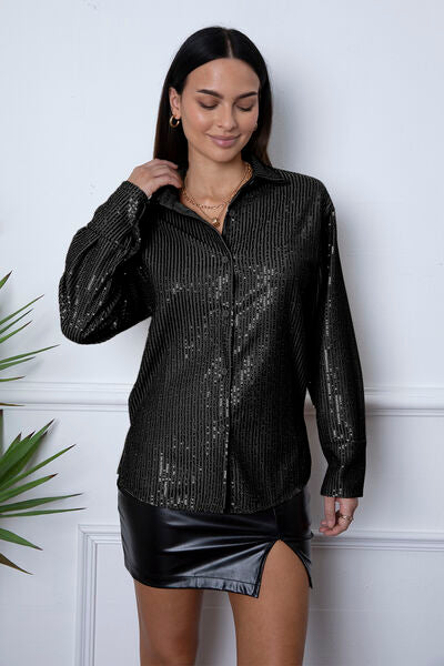 Load image into Gallery viewer, Sequin Collared Neck Long Sleeve Shirt
