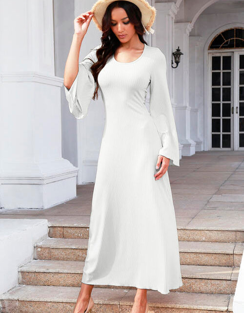 Load image into Gallery viewer, Tie Back Ribbed Round Neck Long Sleeve Dress
