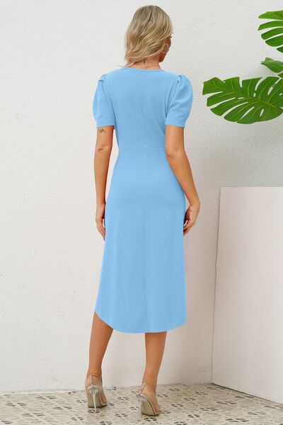 Load image into Gallery viewer, Slit Ruched Round Neck Puff Sleeve Dress
