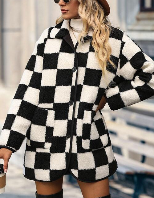 Load image into Gallery viewer, Double Take Full Size Checkered Button Front Coat with Pockets
