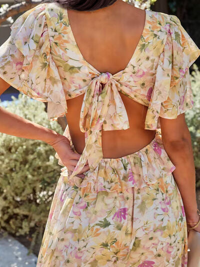 Load image into Gallery viewer, Backless Ruffled Floral V-Neck Dress
