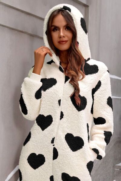 Load image into Gallery viewer, Fuzzy Heart Zip Up Hooded Lounge Jumpsuit
