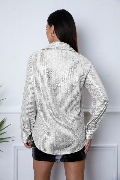 Load image into Gallery viewer, Sequin Collared Neck Long Sleeve Shirt
