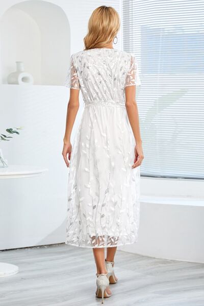 Load image into Gallery viewer, Sequin Leaf Embroidery Tie Front Short Sleeve Dress
