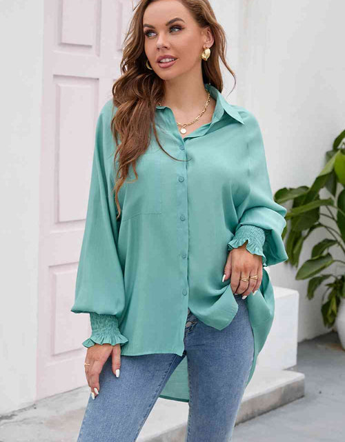 Load image into Gallery viewer, High-Low Collared Neck Lantern Sleeve Shirt
