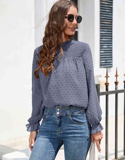 Load image into Gallery viewer, Smocked Mock Neck Swiss Dot Top
