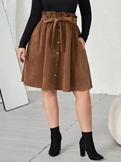 Load image into Gallery viewer, Plus Size Tied Decorative Button Paperbag Waist Skirt
