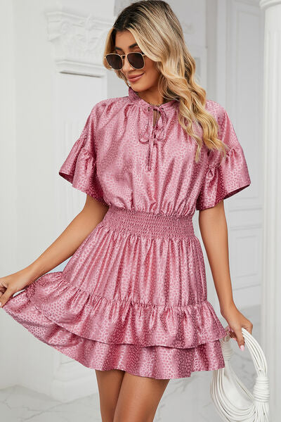 Load image into Gallery viewer, Smocked Tie Neck Flounce Sleeve Dress
