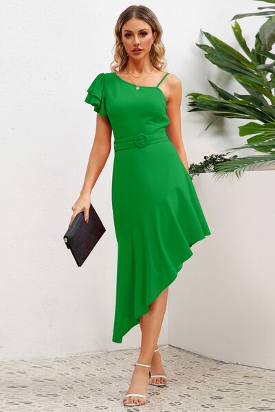 Load image into Gallery viewer, Ruffled Asymmetrical Neck Flutter Sleeve Dress
