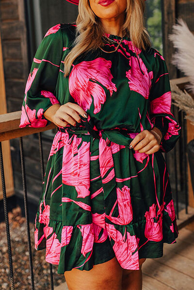 Load image into Gallery viewer, Plus Size Printed Lantern Sleeve Ruffle Hem Dress
