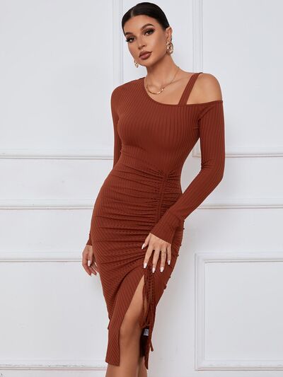 Load image into Gallery viewer, Ribbed Ruched Drawstring Wrap Dress
