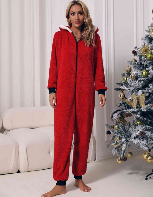 Load image into Gallery viewer, Zip Front Long Sleeve Hooded Teddy Lounge Jumpsuit
