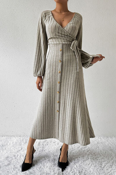 Load image into Gallery viewer, Surplice Tied Balloon Sleeve Midi Dress
