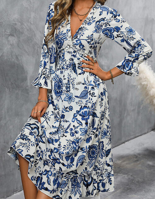 Load image into Gallery viewer, Printed V-Neck Ruffle Hem Flounce Sleeve Dress
