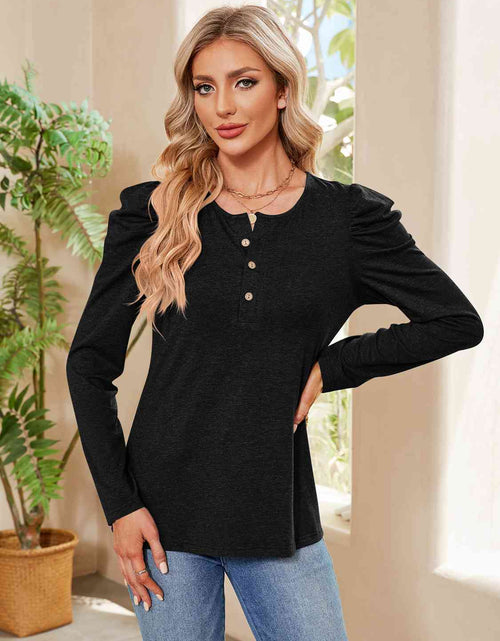 Load image into Gallery viewer, Buttoned Round Neck Puff Sleeve T-Shirt
