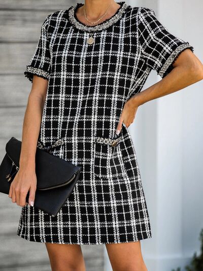 Load image into Gallery viewer, Pocketed Plaid Round Neck Short Sleeve Dress
