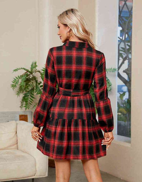 Load image into Gallery viewer, Plaid Print Tie Waist Collared Neck Shirt Dress
