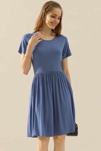 Load image into Gallery viewer, Ninexis Full Size Round Neck Ruched Dress with Pockets
