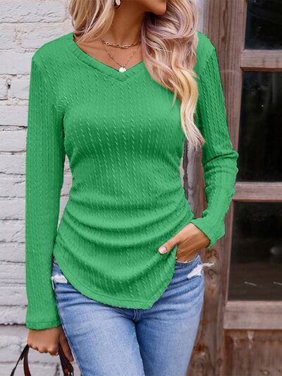 Load image into Gallery viewer, Textured Ruched V-Neck Long Sleeve T-Shirt
