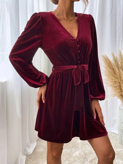 Load image into Gallery viewer, V-Neck Tie Waist Mini Dress
